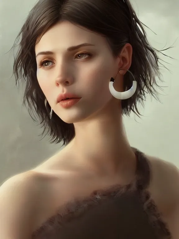 Image similar to beautiful russian girl with short dark hair and septum piercing, thin round earrings, winds of winter, au naturel, hyper detailed, digital art, trending in artstation, cinematic lighting, studio quality, smooth render, octane rendered, concept art, sharp focus, illustration, art by artgerm and greg rutkowski and wlop and krenz cushart