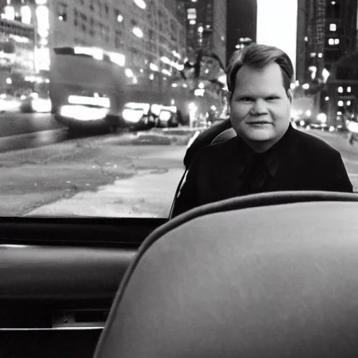 Image similar to 1 9 9 8 andy richter wearing a black wool coat and necktie in his car driving through the streets of chicago at night, pov back seat of car, cozy atmosphere