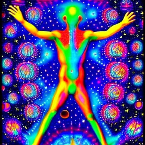 Image similar to A psychedelic silhouette of a human body filled with the universe, planets, stars and galaxies in the style of Alex Grey