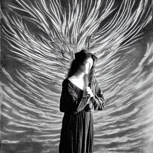 Image similar to by edward weston cosy, ominous. a digital art of a woman with wings made of stars, surrounded by a blue & white night sky. the woman is holding a staff in one hand, & a star in the other. she is wearing a billowing dress, & her hair is blowing in the wind.