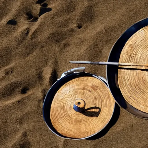 Image similar to two stretched out woks on a beach, photorealistic, 8k