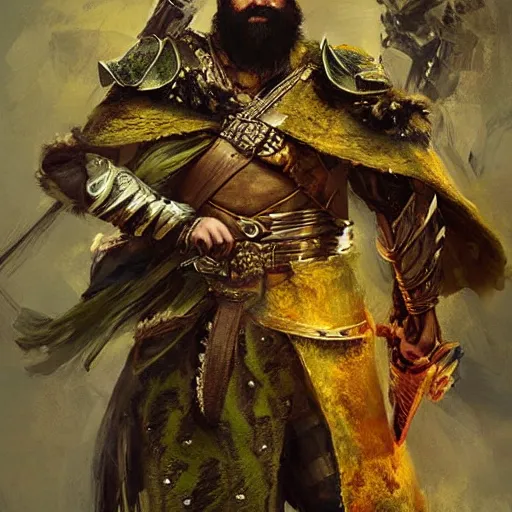 Prompt: A portrait of a fighter with short hair and a beard, dual wielding swords, he wears green scale armor and a cheetah cloak made of cheetah pelt, fantasy, digital art by Ruan Jia, Donglu Yu
