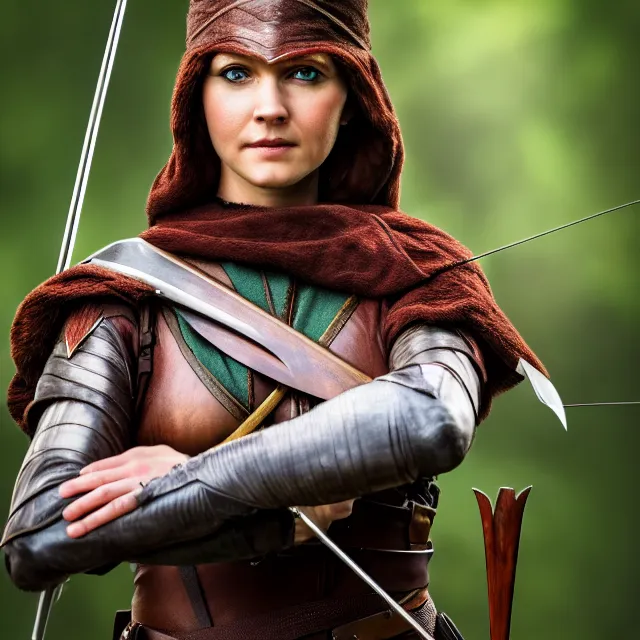 Image similar to beautiful female robin hood warrior, highly detailed, 8 k, hdr, smooth, sharp focus, high resolution, award - winning photo