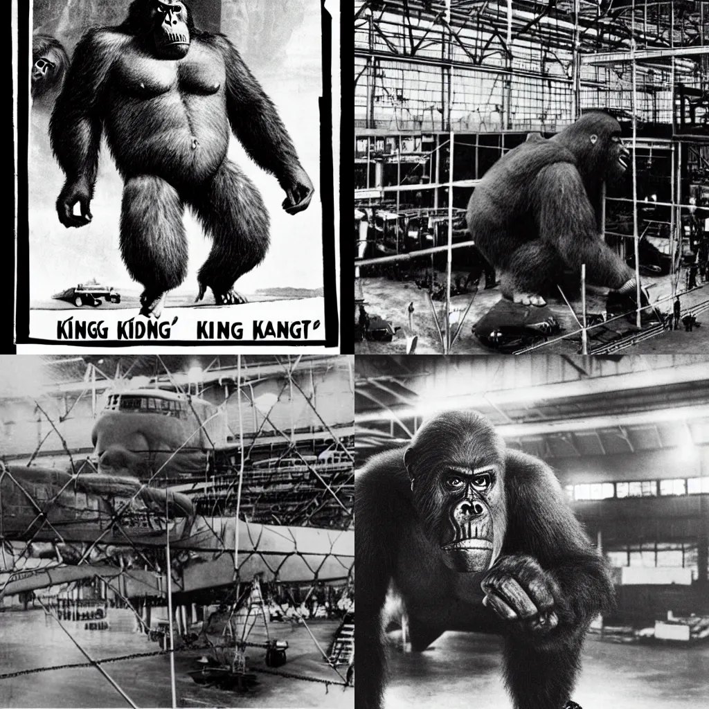 Prompt: King Kong kept captive in a hangar, tied with chains