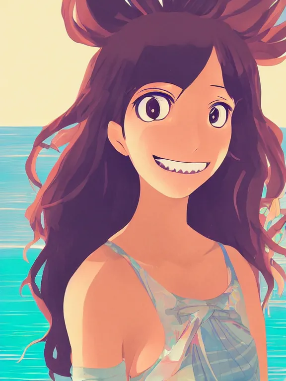 Prompt: Portrait of a happy anime woman on the beach near the ocean, by james gilleard