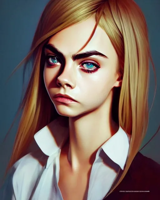 Image similar to portrait of Cara Delevingne as Anime girl cute-fine-face, full body! pretty face, realistic shaded Perfect face, fine details. Anime. realistic shaded lighting by Ilya Kuvshinov Giuseppe Dangelico Pino and Michael Garmash and Rob Rey