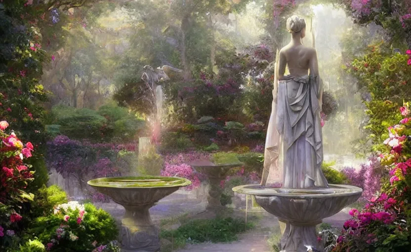 Prompt: The kneeling statue of a woman in a beautiful garden, next to a fountain and a mystical palace, and all this in a foggy and mysterious atmosphere. Fantasy and concept art by Konstantin Razumov.