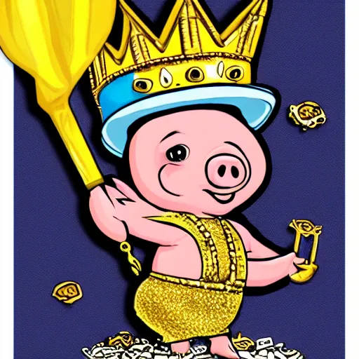 Prompt: pig in a gold crown in the style of garbage pail kids