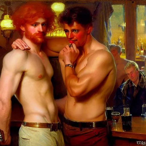 Image similar to attractive mike, wearing pants, with ginger hair with attractive tyler with brunet hair, drinking their hearts out, in a pub, no shirt. very defined and highly detailed painting by gaston bussiere, j. c. leyendecker, craig mullins 8 k