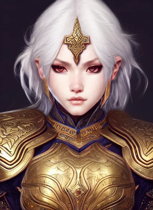 Image similar to warrior, intricate ornate opal heavy armor!!! beautiful and athletic white hair female!! gorgeous face and eyes!! character concept art, sharp focus, octane render! unreal engine 5! highly rendered!! trending on artstation!! detailed linework!! illustration by artgerm, wlop, and chie yoshii