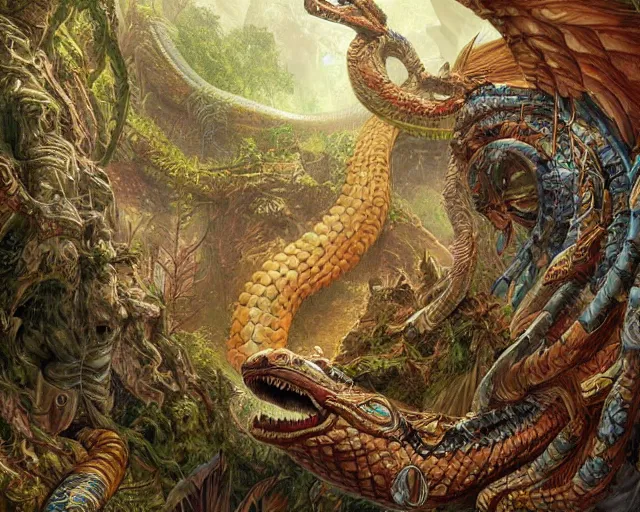 Prompt: digital painting of quetzalcoatl, by filipe pagliuso and justin gerard, jungle, fantasy, highly detailed, ominous, intricate, snake