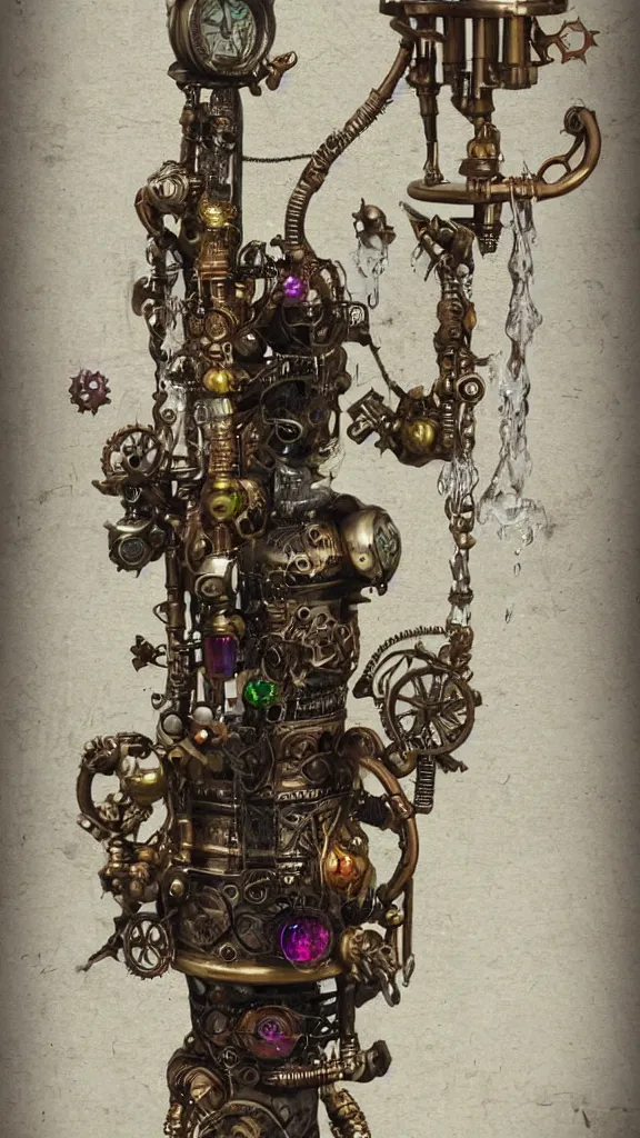 Image similar to steampunk water bong placed in the center of abandoned post Apocalyptic fututre cyberpunk city, cannabis, ornate, intricate, emitting light ornaments, glowing gems, artstation
