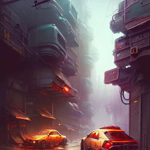 Image similar to professional concept art of a dreary diesel punk city street by artgerm and greg rutkowski. an intricate, elegant, highly detailed digital painting, concept art, smooth, sharp focus, illustration, in the style of simon stalenhag, wayne barlowe, and igor kieryluk.