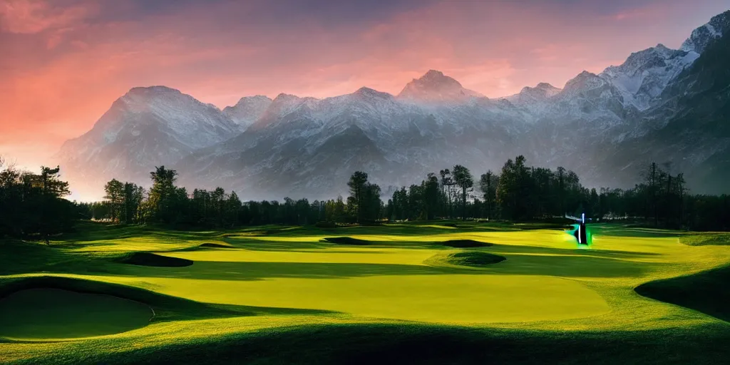Image similar to a great photograph of the most amazing golf hole in the world, in winter, beautiful ambient light, golf digest, top 1 0 0,