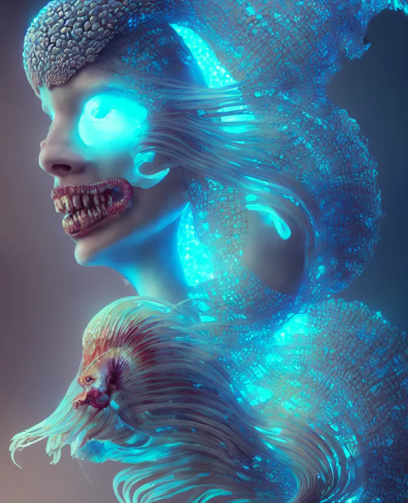 Image similar to goddess close-up portrait. chimera orchid jellyfish phoenix head, nautilus, skull, betta fish, bioluminiscent creatures, intricate artwork by Tooth Wu and wlop and beeple. octane render, trending on artstation, greg rutkowski very coherent symmetrical artwork. cinematic, hyper realism, high detail, octane render, 8k