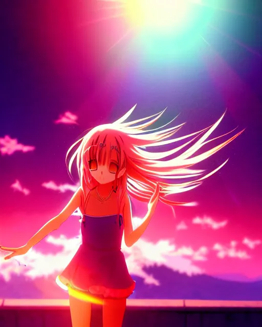 Image similar to anime style, vivid, colorful, full body, a cute girl with white skin and long pink wavy hair singing a song, heavenly, stunning, realistic light and shadow effects, happy, centered, landscape shot, happy, simple background, studio ghibly makoto shinkai yuji yamaguchi