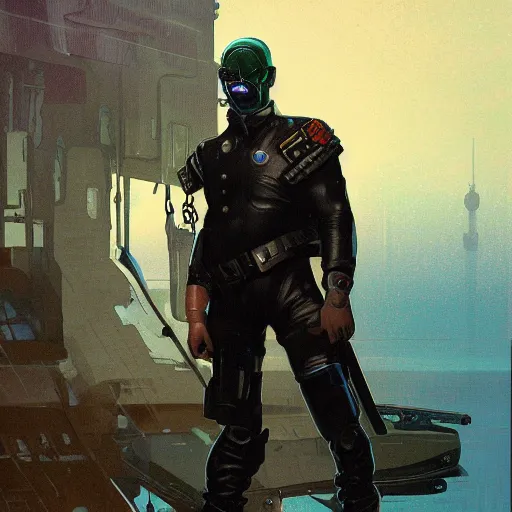 Image similar to portrait of rubbery albino mutant with moist skin, huge black eyes and determined expression, wearing fascist Byzantine police uniform and standing on cyberpunk docks, Dune concept art by Anato Finnstark, Alphonse Mucha, and Greg Rutkowski