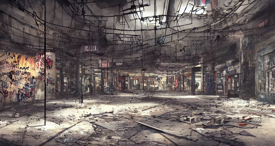 Image similar to photo realistic!! a rundown mall interior with hanging wires and graffiti, very detailed, dramatic lighting, various rubble is on the ground, slightly smokey, artstation, unreal engine