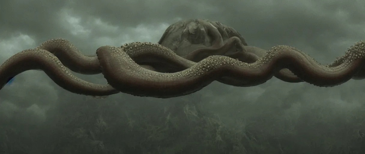 Image similar to a giant octopus tentacle hanging from the clouds over a rain forest, still from the movie the arrival, 8k