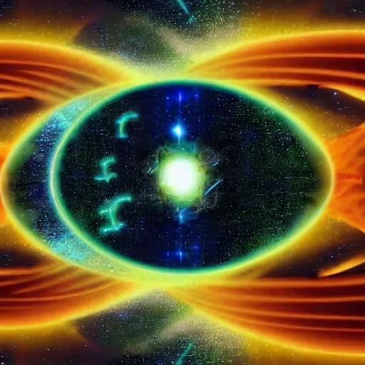 Image similar to quantum mechanical transdimensional imagery that connects all human minds to cosmic awareness | scientific psychedelic mystical occult religious