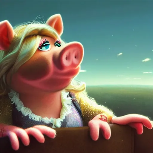 Image similar to cute miss piggy falling from plane, cute and cuddly, highly detailed, photorealistic, octane render, 8 k, unreal engine. art by artgerm and greg rutkowski and alphonse mucha