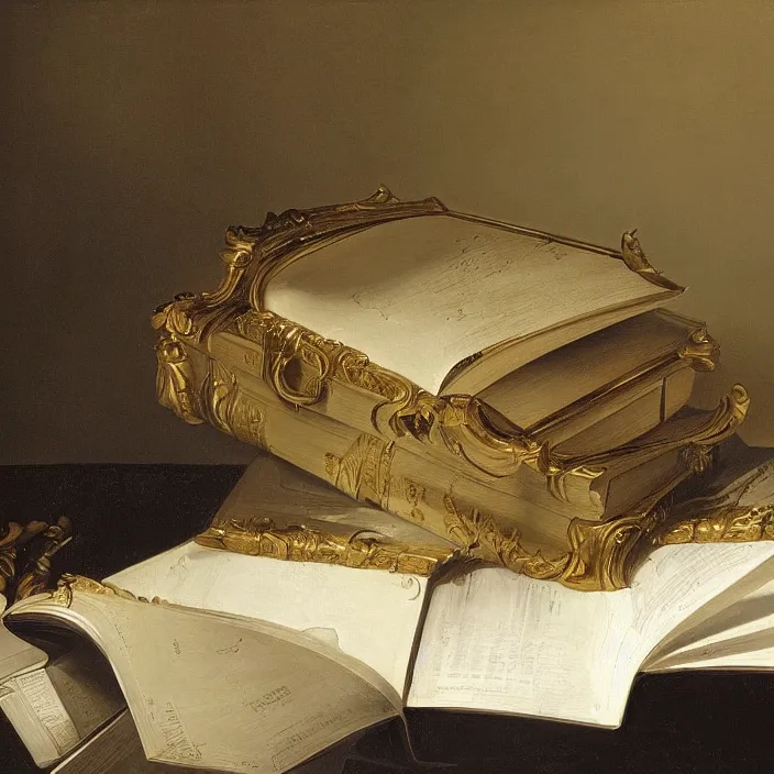 Prompt: still life painting of large book and greenery by pieter claesz, oil on canvas, strong lighting, highly detailed, hyper realism, golden hour, god rays, hd, 4 k