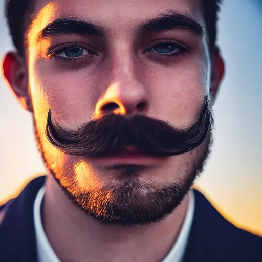 Image similar to closeup of a young gentlemen's face with a mustache, 4K, beautiful, sunset