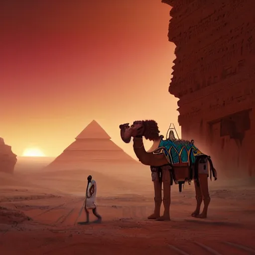 Prompt: an african moor wearing white robes pulling a robot camel through the valley of the kings, by greg rutkowski and android jones, oil on canvas, 8k, synthwave sunset