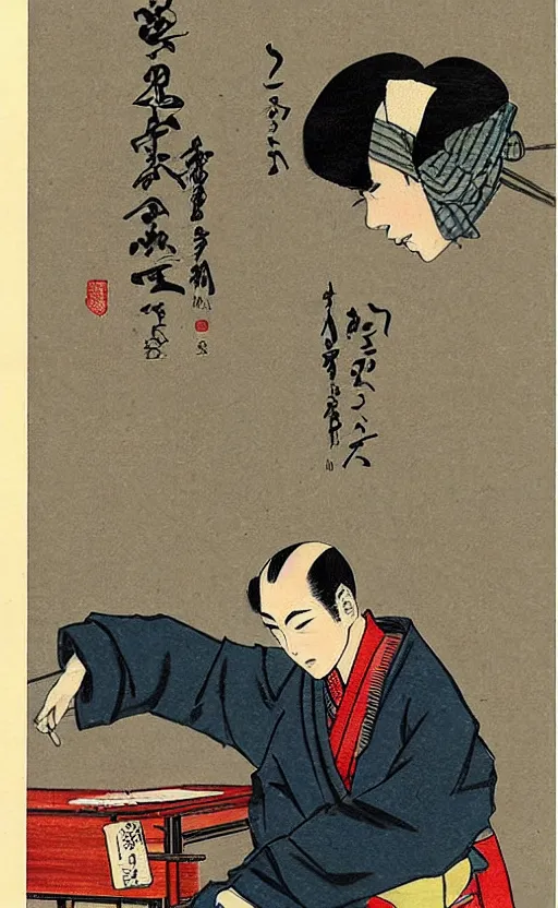 Image similar to by akio watanabe, manga art, male calligrapher studying, kimono, vintage desk, traditional colors, trading card front, realistic anatomy