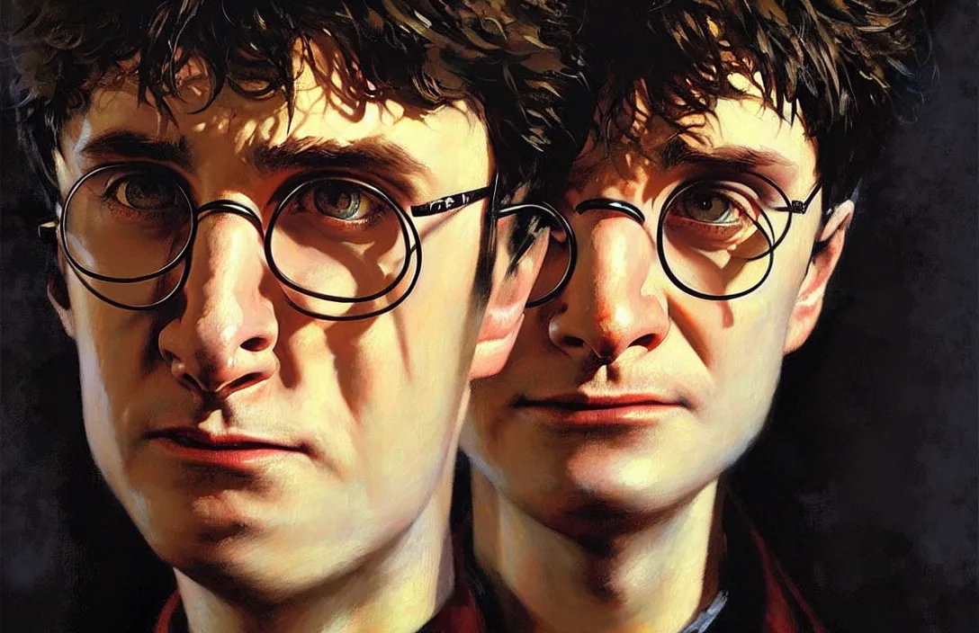 Prompt: portrait of harry potter!!!!!!!!!!!!!!!!!!!!!!!!!!!, detailed face, detailed painting,, epic lighting, by ilya repin, phil hale and kent williams