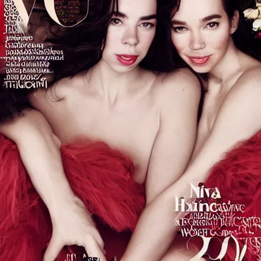 Image similar to stunning vogue magazine photo of dark - haired goddesses vanessa kirby, hailee steinfeld, and bjork smiling, legs intertwined, in a bubble bath, with wet faces!!, wet lips, smooth skin, perfect eyes, insanely detailed, elegant, by wlop, rutkowski, livia prima, mucha, wlop,