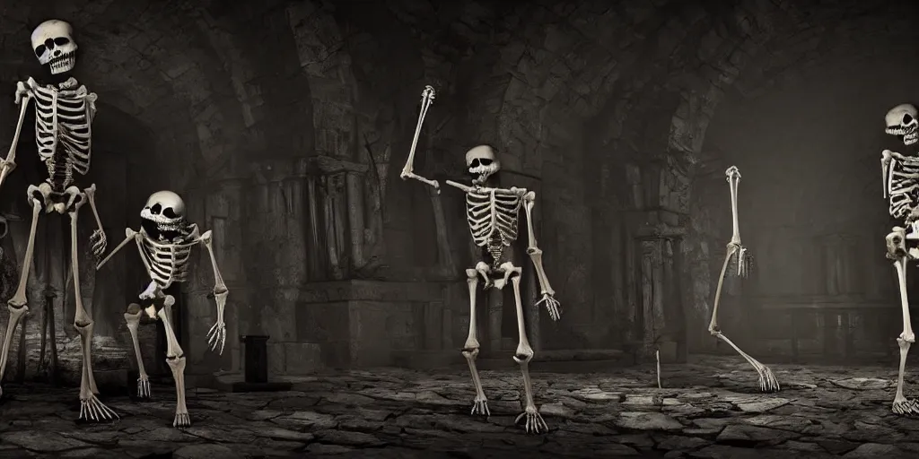 Prompt: Realistic cinematic of a dark crypt scene with a living skeleton in armor, highly detailed, inspired by Tim Burton, Unreal Engine 4k