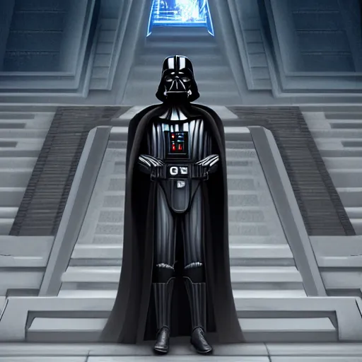 Prompt: lord vader at the steps of the jedi temple on coruscant, digital art