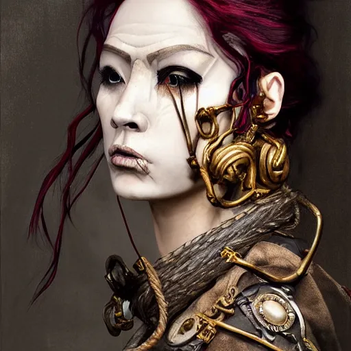 Image similar to portrait of a Shibari rope wrapped face and neck, headshot, insanely nice professional hair style, dramatic hair color, digital painting, of a old 15th century, old cyborg merchant, amber jewels, baroque, ornate clothing, scifi, realistic, hyperdetailed, chiaroscuro, concept art, art by Franz Hals and Jon Foster and Ayami Kojima and Amano and Karol Bak,