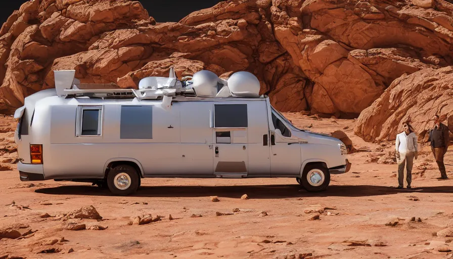 Prompt: professional photograph of a inflatable chrome Winnebago with very huge windows designed by Buckminster Fuller in a picturesque desert on Venus. Astronauts are standing near it, racking focus, depth of field, extreme panoramic, Dynamic Range, HDR, chromatic aberration, Orton effect intricate, elegant, highly detailed, artstation