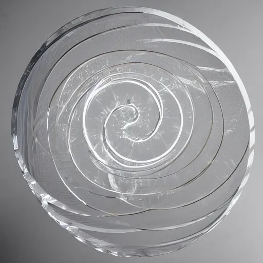 Image similar to a sculpture of infinite concentric rings made of clear crystal casting caustics on a white table morning light