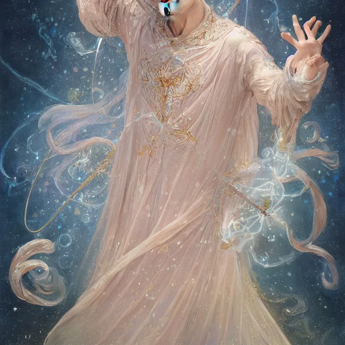 Image similar to a ultra - detailed beautiful painting major arcana the magician, sigils, runes, magical items, by hsiao ron cheng, ngai victo, nivanh chanthara jean delville wlop and dougherty patrick, trending on artstation, orb of agamento, light sparkles,, sky, sharp focus, soft light