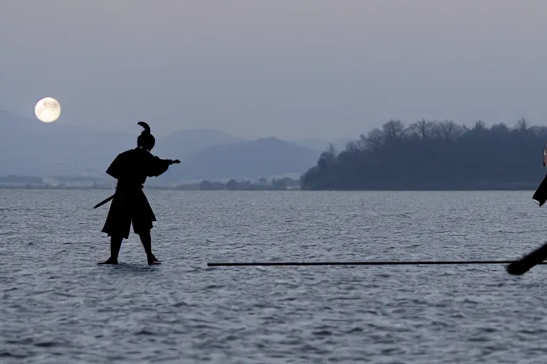 Prompt: solitary moonlight samurai duel featuring enrico letta vs matteo salvini, moonlight lake, starry sky and dark cherry blossoms falling