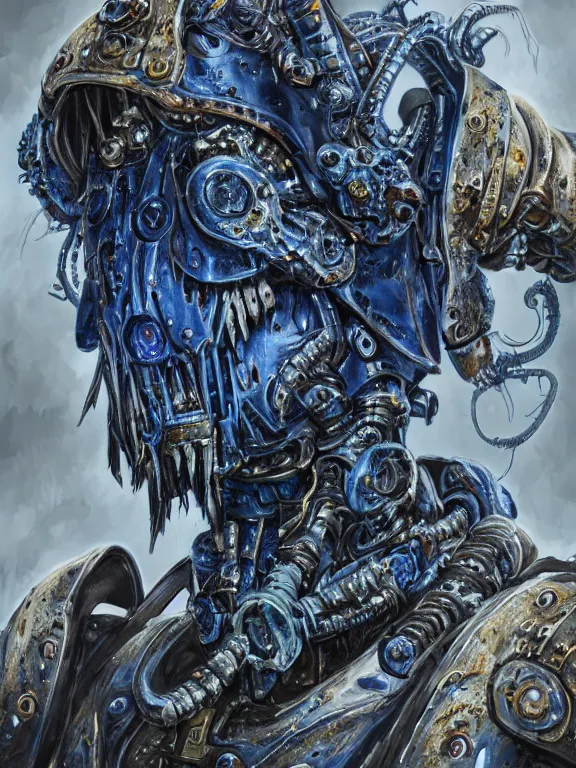 Prompt: portrait art of 8k ultra realistic undead eldritch horror space marine blue , detailed intricate ornate armour,decaying, cybernetic, full of colour, cinematic lighting, battered, trending on artstation, 4k, hyperrealistic, focused, extreme details,unreal engine 5, cinematic, masterpiece, art by ayami kojima, giger