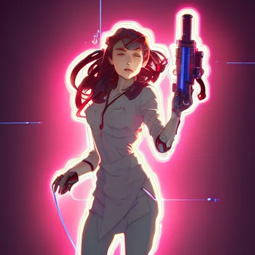 Image similar to a full body character design by artgerm, cushart krenz, ross tran, alphonse mucha. cute mad scientist girl!! shoulder mounted laser bazooka!! futuristic lab coat!! bold outline sharp edges. ultra clear detailed. 8 k. elegant, neon colors, dynamic angle, intricate complexity, epic composition, action pose, cinematic lighting masterpiece