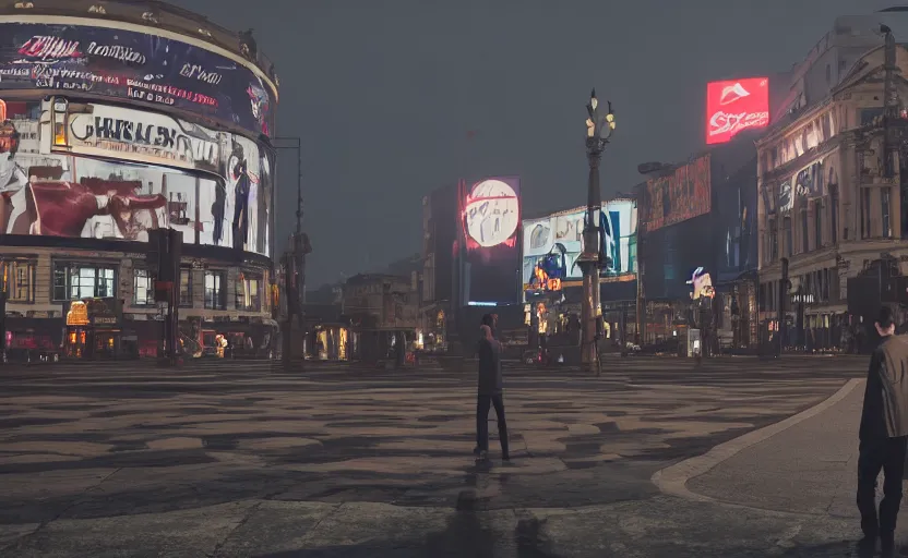 Prompt: a man standing in the middle of piccadilly circus at night, a photorealistic painting by Gregory Crewdson, cgsociety, american scene painting, playstation 5 screenshot, matte painting, cryengine