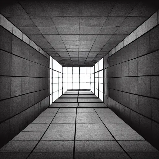 Image similar to inside of blank dark without light endless cube with black walls. Realistic Concept Art photography