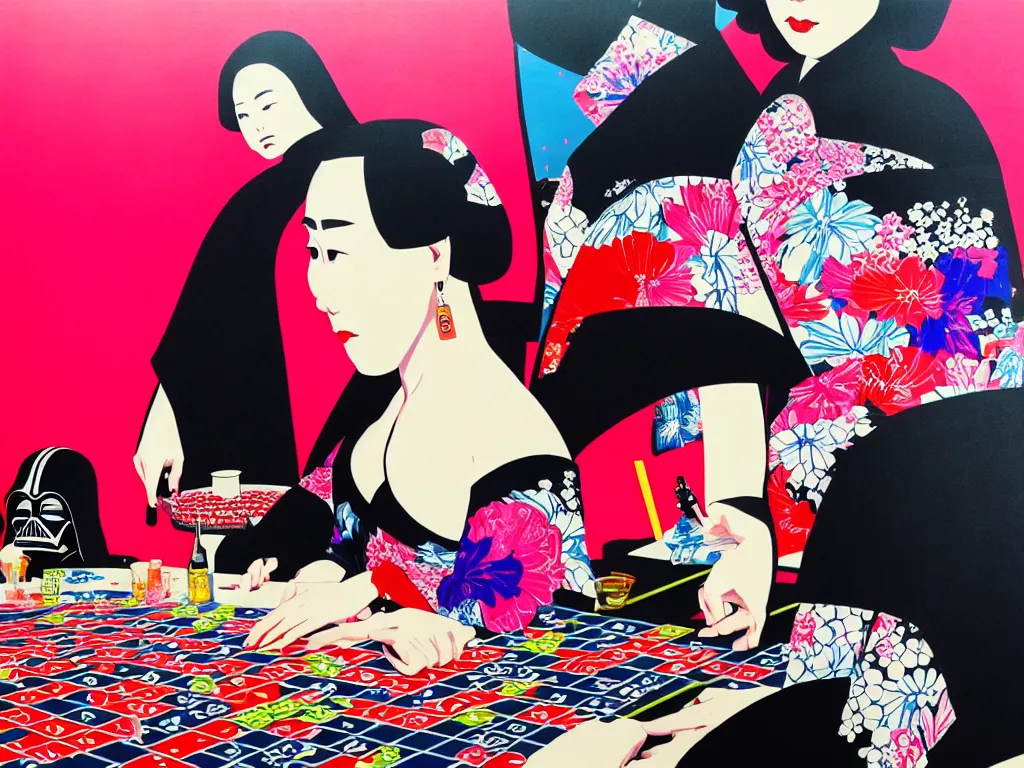 Image similar to hyperrealistic composition of the detailed woman in a japanese kimono sitting at a poker table with darth vader, fireworks, beautiful mountain in the background, pop - art style, jacky tsai style, andy warhol style, acrylic on canvas