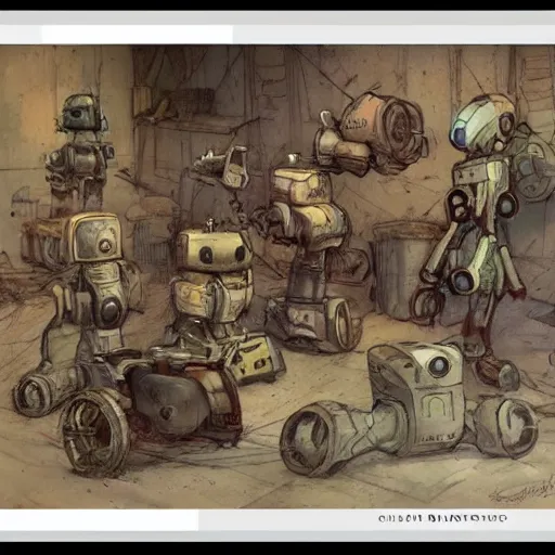 Image similar to cluttered inventors workshop full of robots . muted colors. by Jean-Baptiste Monge !!!!!!!!!!!!!!!!!!!!!!!!!!!