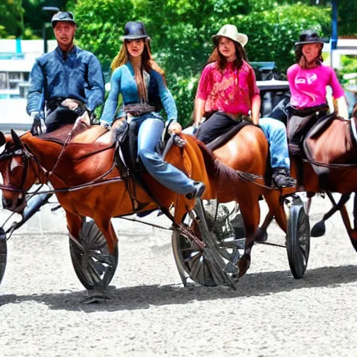 Image similar to Western, people on horses with wheels instead of legs