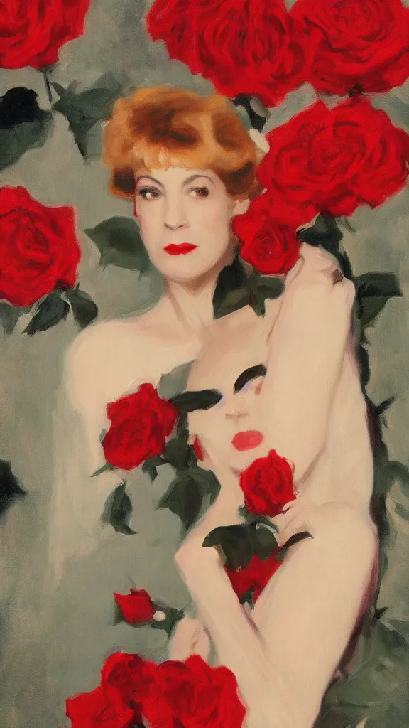 Prompt: portrait of julee cruise in lynch pattern, red roses, painted by john singer sargent