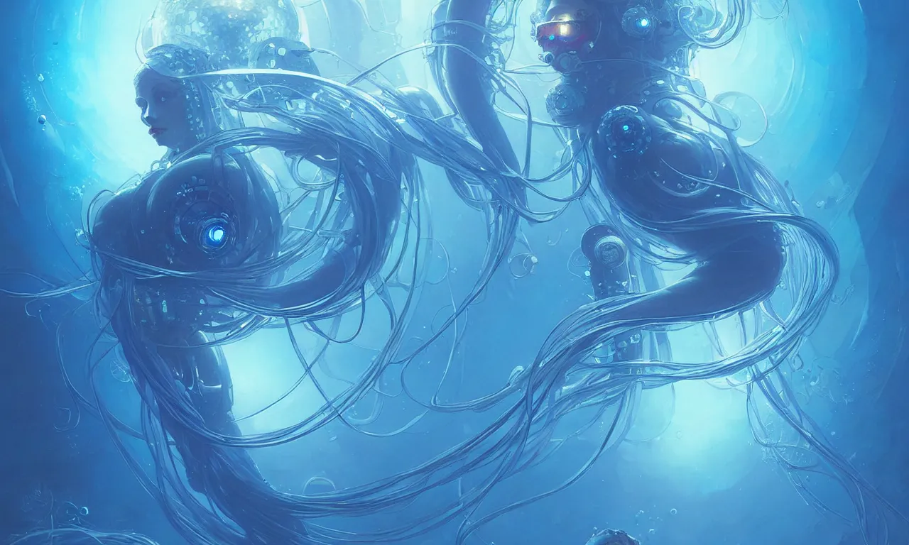 Image similar to cyberpunk jellyfish, blue tones, underwater, 360, highly detailed, digital painting, artstation, concept art, smooth, sharp focus, illustration, art by greg rutkowski and alphonse mucha