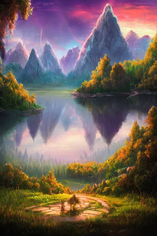 Image similar to beautiful matte painting style synthwave, whimsical art fantasy path mountains and meadow in the background near a lake reflecting the trees, atmospheric lighting, painted, intricate, volumetric lighting, beautiful, rich deep colors masterpiece, sharp focus, ultra detailed by