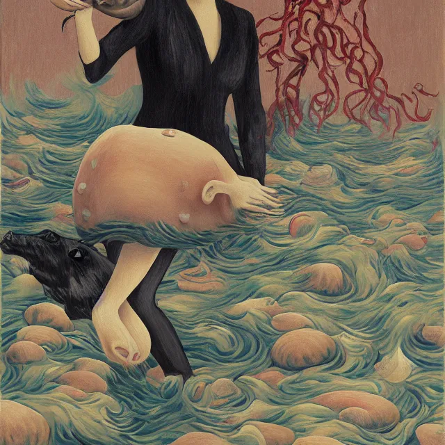 Image similar to tall female emo artist holding a pig's head in her flooded apartment, mushrooms, octopus, water gushing from ceiling, painting of flood waters inside an artist's apartment, a river flooding indoors, pomegranates, ikebana, zen, rapids, waterfall, black swans, canoe, berries, acrylic on canvas, surrealist, by magritte and monet