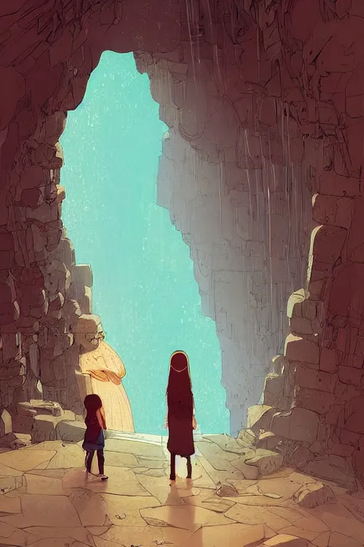 Prompt: a girl pushing a giant wooden door with archaic symbols embedded onto it, in a cave with the waterfall, digital art, illustrated by pascal campion and moebius and victo ngai